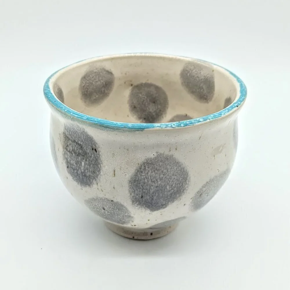 Crate & Barrel Blue Trim Grey Dot Ceramic Mug